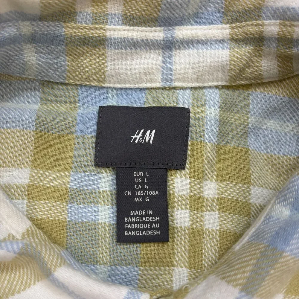H&M Plaid Flannel Button Down Shirt Mens Large Green White Workwear Long Sleeve